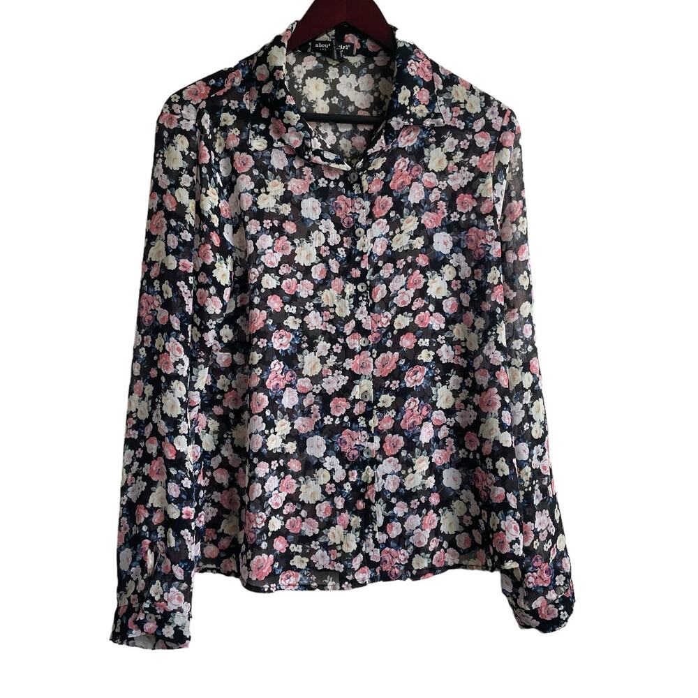 About A Girl Top Women 4 Navy Floral Long Sleeve Button Up Girly Cottage Boho